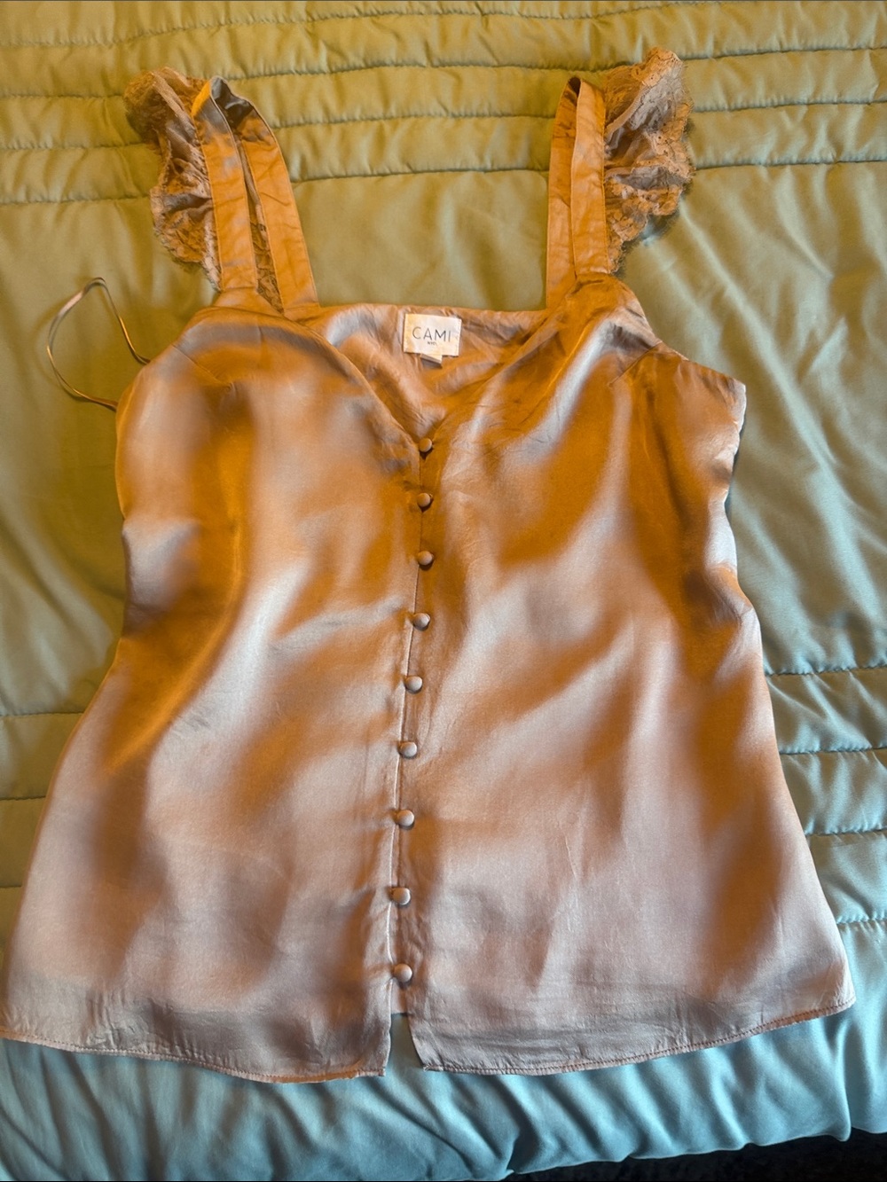 Cami NYC Satin Lace-Trim Button Front Camisole in Taupe